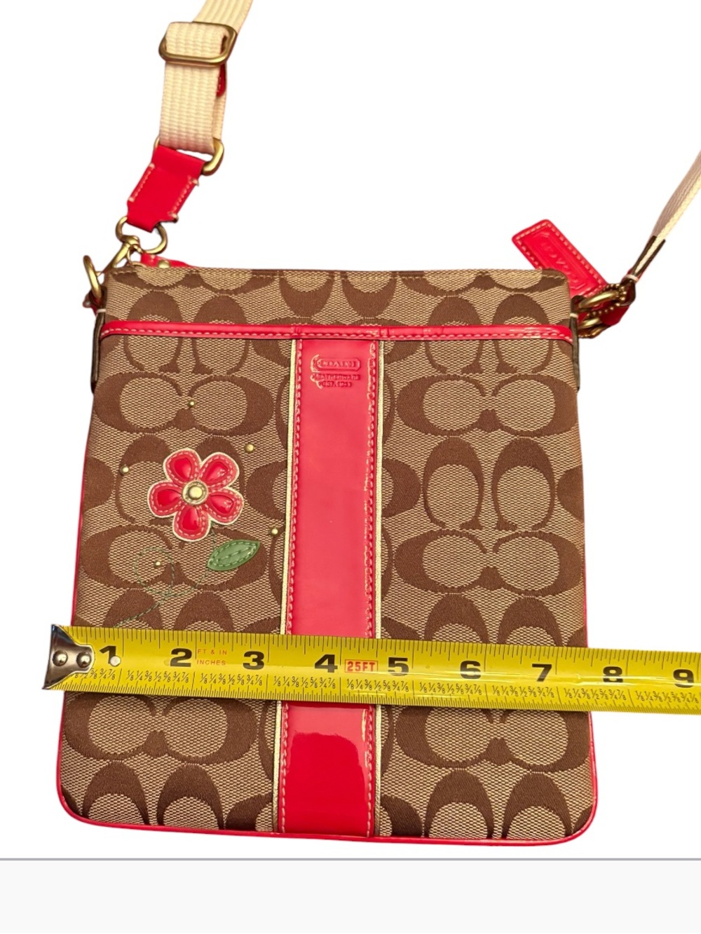 Coach Signature Beige Red Canvas Floral Accent Cross-body Bag 41177 - Picture 9 of 12